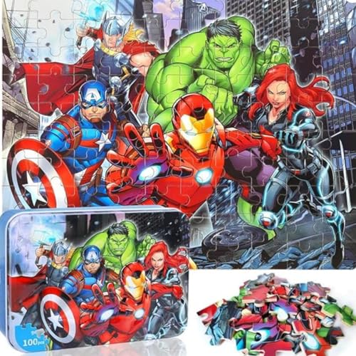 LELEMON Puzzles for Kids Ages 4-6,100 Piece Puzzles for Kids in Metal Box - color: Red+green