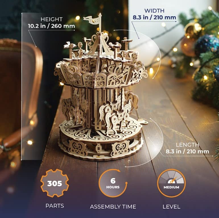 UGEARS Carousel 3D Wooden Puzzles for Adults - Mechanical 3D Model Self-Assembling Craft DIY Kit Adult 3D Puzzle Gift, Wooden Model Kits for Adults