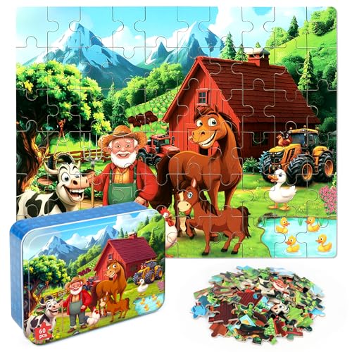LELEMON Puzzles for Kids Ages 4-6, Farm 60 Piece Puzzles for Kids Ages 3-5 in a Metal Box, Educational Jigsaw Puzzles Childrens Puzzle Games Puzzle Toys for Girls and Boys - color: Farm 2)
