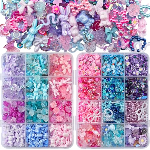 2050 Pieces 3D Butterfly Rose Flower Bow Rabbit Bear Nail Charms Kit with Nail Art Rhinestones Pearls Crystal Gems Nail Slices for Manicure DIY Crafts Jewelry Accessories (Pink Purple Blue) - color: Pink Purple Blue