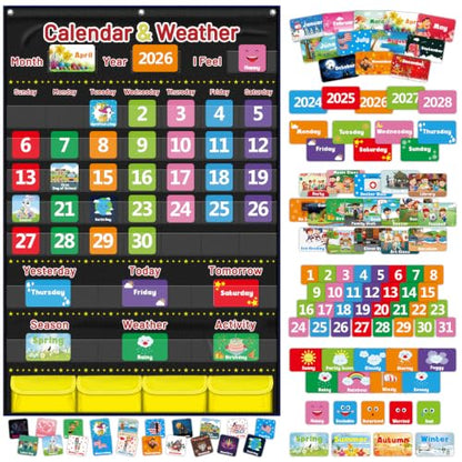Calendar and Weather Pocket Chart for Kids Learning, Large 44.5”x28” Homeschooling Calendar Pocket Chart with 113 Cards, Teacher and Back to School Supplies - color: Black