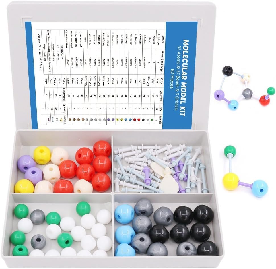 Swpeet 92 Pcs Chemistry Molecular Model Student and Teacher Set, Molecular Model Set for Inorganic & Organic Chemistry - 52 Atoms & 37 Bonds & 3 Orbitals - style: 92 Pieces Molecular Model Kit