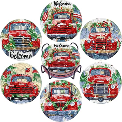 Leatrice 6 Pcs Christmas Truck Diamond Art Coasters Kits for Adults 4 in - color: BB Christmas Truck