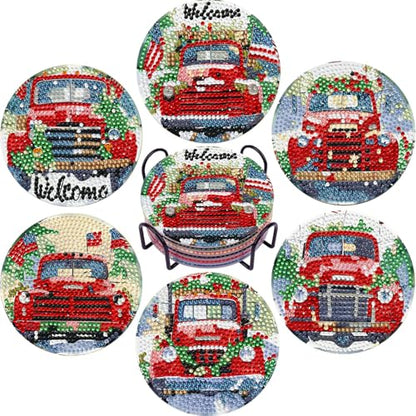 Leatrice 6 Pcs Christmas Truck Diamond Art Coasters Kits for Adults 4 in - color: BB Christmas Truck