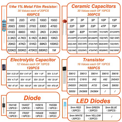 1400Pcs Basic Electronics Component Assortment Kit, Electrolytic Capacitor, Ceramic Capacitor, LED Diode, Common Diode, Resistor, Transistor Component for Arduino, Electronic DIY Project