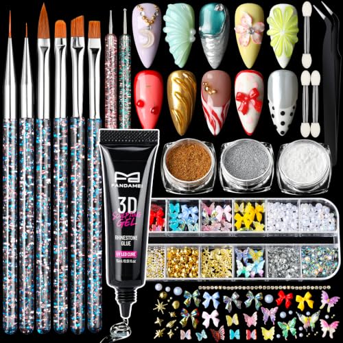 FANDAMEI Nail Art Kit, 3D Sculpting Gel for Nail Art with 6 PCS Nail Art Brushes, Gold Silver White Nail Chrome Powder&3D Nail Charms for Bedazzling, nail supplies Kit for 3D Nail Art Nail Designs