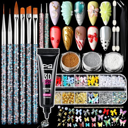 FANDAMEI Nail Art Kit, 3D Sculpting Gel for Nail Art with 6 PCS Nail Art Brushes, Gold Silver White Nail Chrome Powder&3D Nail Charms for Bedazzling, nail supplies Kit for 3D Nail Art Nail Designs