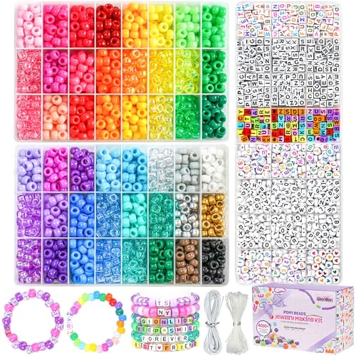 Gionlion 4200Pcs Pony Beads for Bracelet Making Kit, 48 Colors Kandi Beads Bracelet Kit, 2500PCS Rainbow Candy, 1700PCS Friendship Letter Bead with 20 Meter Elastic Strings - color: 48 Colors 4200PCS