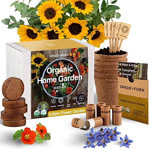 Organic Edible Flower Garden Seed Kit - 23pc Indoor Garden with Soil, Pots, Plant Markers, USDA Organic Non-GMO Seeds & Illustrated Instructions - Sunflower, Borage, Thai Basil, Dill, Nasturtium - style: Edible Flower Garden Kit
