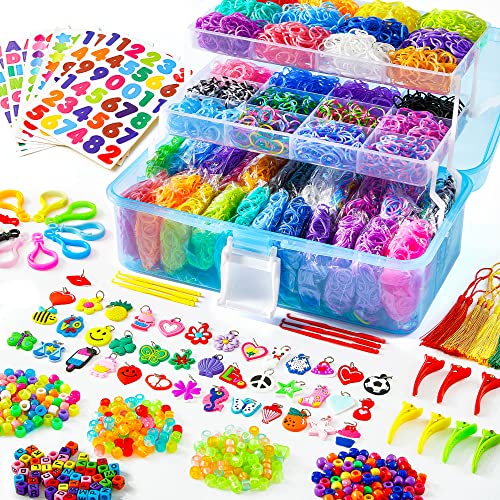 INSCRAFT 17500+ Rubber Loom Bands with 3 Layer Blue Container, 28 Colors, 600 S-Clips, 352 Beads, 40 Cartoon Pendant, Bracelet Making Refill Kit for Kids - color: Blue