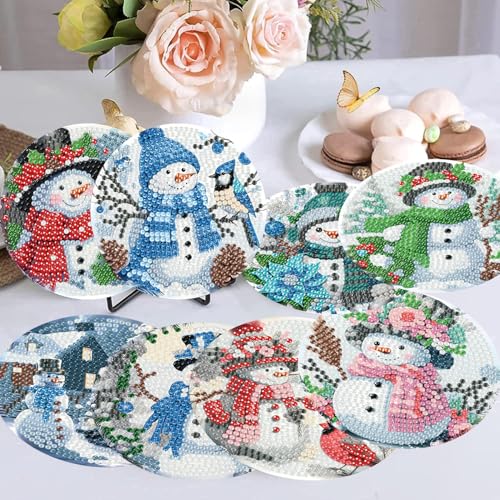 8 PCS Christmas Diamond Art Coasters Kits with Holder Cork Pads - color: Christmas Snowman a Coasters