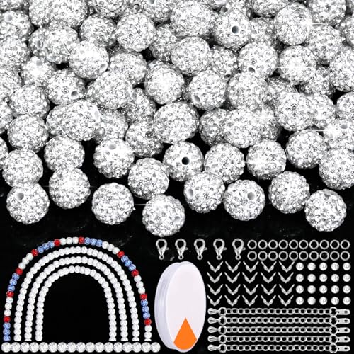 Dowarm 255PCS 10mm Rhinestone Beads for Baseball Necklace Bracelet Jewelry Making, White Rhinestone Clay Beads for Crafts Beaded Pen, Round Polymer Clay Shamballa Pave Disco Diamond Bead - color: 01-White