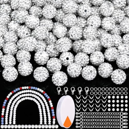 Dowarm 255PCS 10mm Rhinestone Beads for Baseball Necklace Bracelet Jewelry Making, White Rhinestone Clay Beads for Crafts Beaded Pen, Round Polymer Clay Shamballa Pave Disco Diamond Bead - color: 01-White