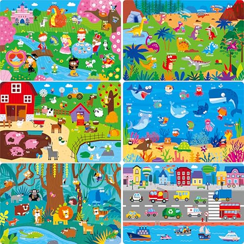 6 Pack Placemats for Kids, Non-Slip Washable Dining Mats, Reusable Jungle, Underwater World, Farm, Dinosaur, Vehicle & Magic World Table Mats for Home, Kindergarten, Classroom, Nursery - style: Animal World