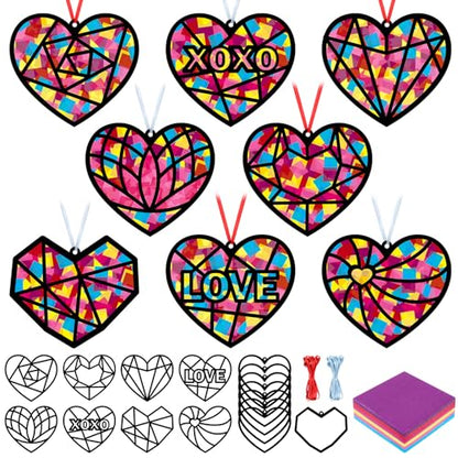 Tinlade 48 Set Valentine's Day Suncatchers Crafts Kit Valentines Heart DIY Window Stained Glass Tissue Paper Red Love Hanging Ornaments Make Your Own Suncatcher Summer Home School Classroom Activities - style: Valentines