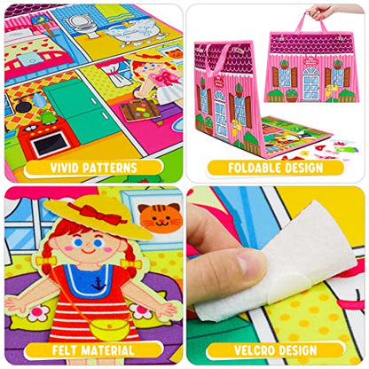 OKOOKO Dress Up House Felt Board 35PCS Double-Sided Foldable Dress Up Teaching Girls Toy Preschool Crafts Storytelling Early Learning Interactive Play Kit for Toddlers Kids - color: Pink