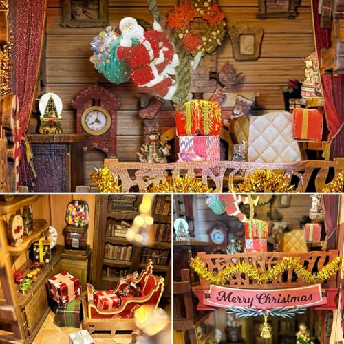 DIY Dollhouse Kit with Dust Cover, DIY Book Nook Kit Christmas Decor Booknook 3D Wooden Puzzle Nook Book Doll House with LED Light - color: Sq34