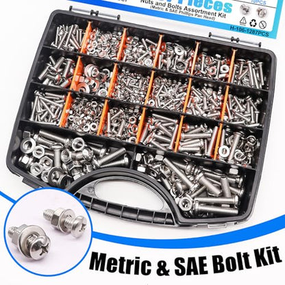 1287Pcs Nuts and Bolts Assortment Kit, 304 Stainless Steel Bolts Machine Screws Hardware Assortment Kit, Metric & SAE Phillips Pan Head Screws, Assorted Bolts, Nuts and Washers Kit - size: 1287PCS