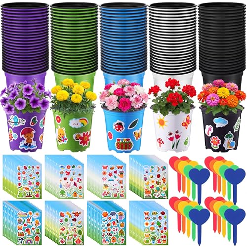 150 Sets Garden Pot Craft Kit Bulk DIY Flower Planting Kit Including Plastic Nursery Pots Labels and Stickers for Flower Planting Growing Garden Supplies(Fresh) - style: Fresh