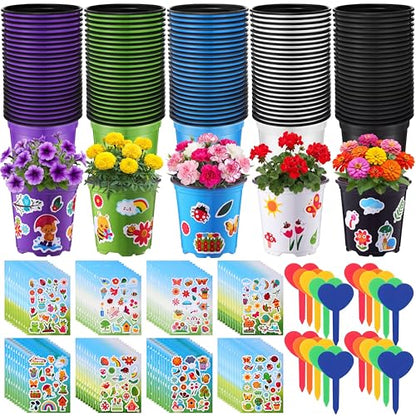 150 Sets Garden Pot Craft Kit Bulk DIY Flower Planting Kit Including Plastic Nursery Pots Labels and Stickers for Flower Planting Growing Garden Supplies(Fresh) - style: Fresh