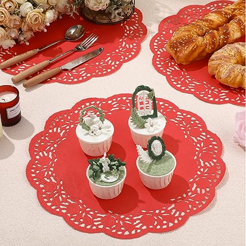 Yexiya 200 Pcs Lace Paper Doilies 14 Inch Round Foil Placemats, Red - color: Red
