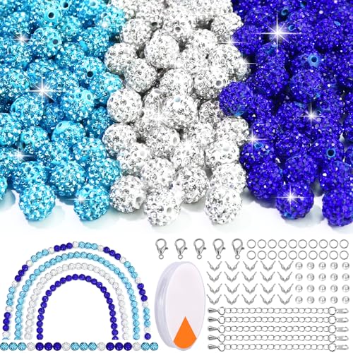 Dowarm 255PCS 10mm Rhinestone Beads for Baseball Rhinestone Necklace Bracelet Jewelry Making, Round Polymer Clay Beads for Crafts Beaded Pen, DIY Shamballa Pave Disco Bead, Turquoise|Blue|White - color: 05-Turquoise | Blue | White