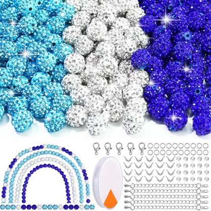 Dowarm 255PCS 10mm Rhinestone Beads for Baseball Rhinestone Necklace Bracelet Jewelry Making, Round Polymer Clay Beads for Crafts Beaded Pen, DIY Shamballa Pave Disco Bead, Turquoise|Blue|White - color: 05-Turquoise | Blue | White