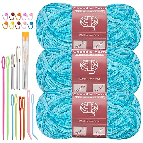LUNARM Chenille Yarn 3 Pack 3.5oz Chunky Blanket Velvet Yarn 263 Yard - color: Blue
