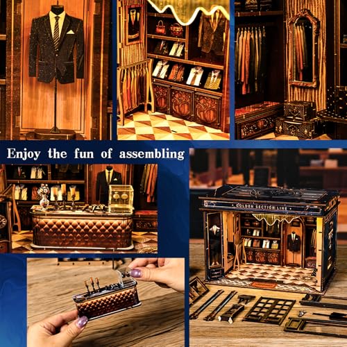 DIY Miniature Dollhouse Kit with LED Light, 3D Wooden Puzzle Book Nook Kit for Adults and Teens, Creative Tailor Shop Model Kit to Build, Home Decor Hobby Gift (Golden Section Line) - style: Golden Section Line