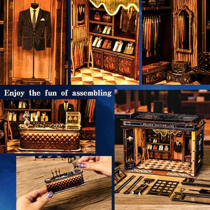DIY Miniature Dollhouse Kit with LED Light, 3D Wooden Puzzle Book Nook Kit for Adults and Teens, Creative Tailor Shop Model Kit to Build, Home Decor Hobby Gift (Golden Section Line) - style: Golden Section Line