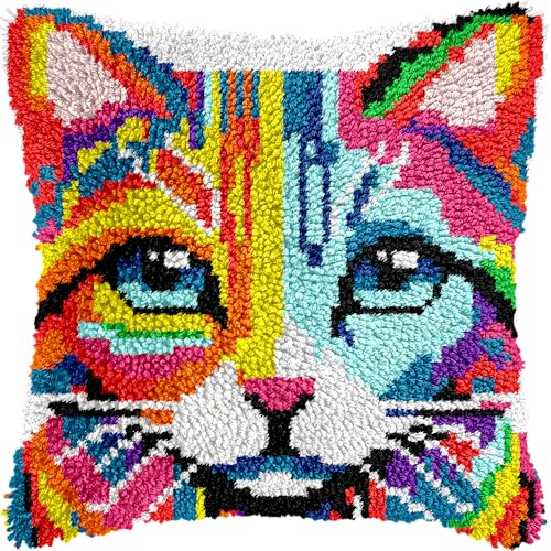 Colorful Cat Latch Hook Pillow Kits for Adults Beginner, Pre-printed Canvas - color: Colorful Cat Head