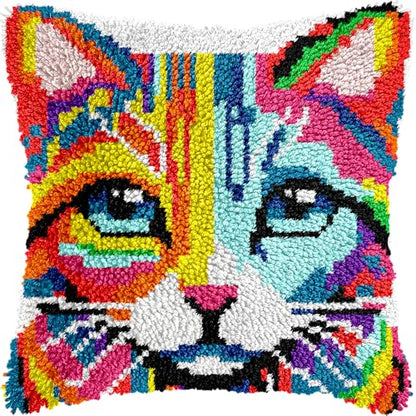 Colorful Cat Latch Hook Pillow Kits for Adults Beginner, Pre-printed Canvas - color: Colorful Cat Head