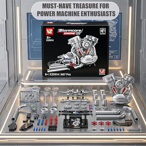 V-Twin Motorcycle Engine Model Kit that Runs, 867 Pcs STEM Block Set - style: 4-V-Twin-Two