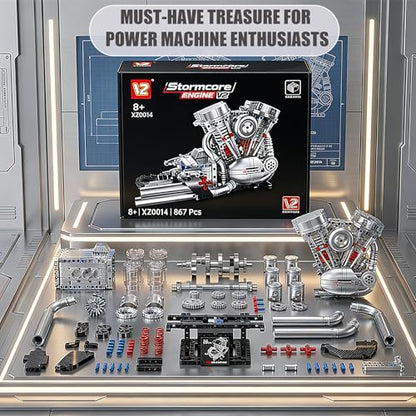 V-Twin Motorcycle Engine Model Kit that Runs, 867 Pcs STEM Block Set - style: 4-V-Twin-Two
