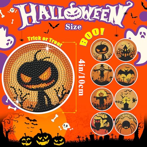Leatrice 8 PCS Halloween Diamond Art Coasters Set with Holder 4 in - color: AA halloween