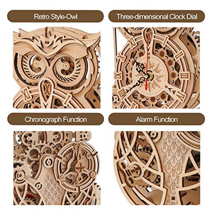 ROKR 3D Wooden Puzzle Owl Clock for Adults, Mechanical Gear Wooden Building Model Kit for Adults, DIY Craft Gift for Home Decor