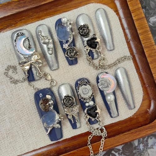 CTRLZTEAM Cyber Gothic Coffin Press on Nails Silver Blue Square Nails - color: Blue Silver, size: S