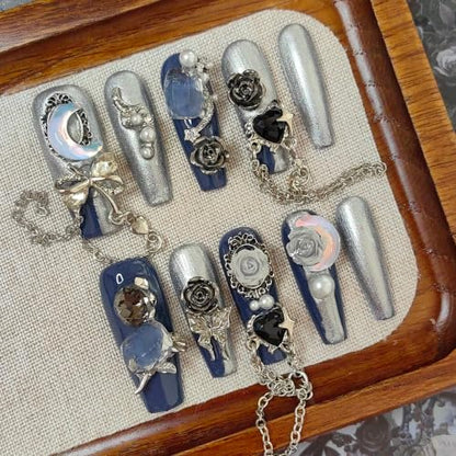 CTRLZTEAM Cyber Gothic Coffin Press on Nails Silver Blue Square Nails - color: Blue Silver, size: S