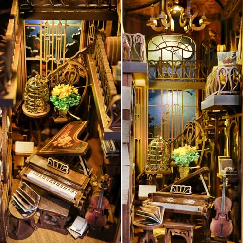 MiniCity Pianist and Nightingale Book Nook Kit, DIY Wooden Puzzle with LED - color: Pianist With Nightingale