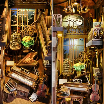 MiniCity Pianist and Nightingale Book Nook Kit, DIY Wooden Puzzle with LED - color: Pianist With Nightingale