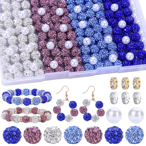 AIPRIDY Jewelry Making Beads Set, 300 PCS 10mm Rhinestone Clay Beads, 8mm Mixed Color Spacer Beads with Pearl and Floral Beads for DIY Jewelry Making (White + Purple + Blue) - color: White + Purple + Blue