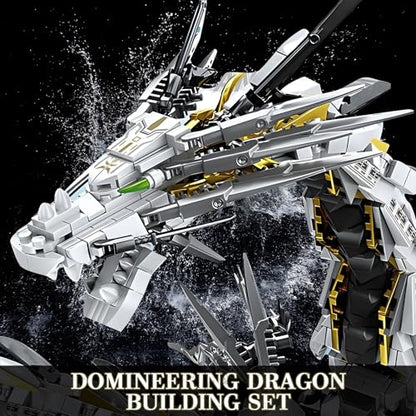 HIGH GODO Dragon Building Blocks Sets for Adults, White Mechanical Dragon Animal Building Model Collectible Display Toys, Cool Creative Gifts for Teens Fans (1485 Pieces) - style: White Hurricane Dragon
