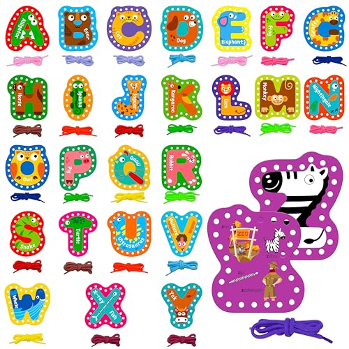 SpriteGru 26PCS Kids Lacing Cards, 26 Double Sided Uppercase Sewing Cards with 26 Colorful Laces, Imagination Development Lacing Toys Games for Children Educational and Learning Activity - color: Uppercase Letters