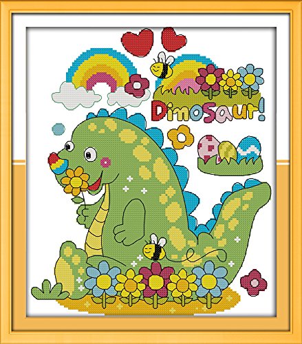 CrossNest 14CT Animal Counted Cross Stitch Kit for Beginners, Unprinted Complete DIY Embroidery Set with Pattern & Tools, Premium Aida Cloth & Threads (HelloDino) - color: Pattern 01