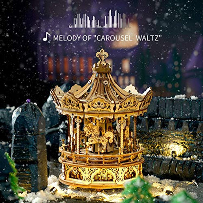 ROKR 3D Wooden Puzzle Carousel Model Building Kits Rotating 5-Horses Music Box Christmas Birthday Gift for Adults&Teens