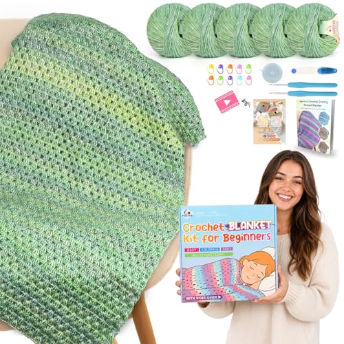 Aeelike Crochet Blanket Kit for Beginners, Easy Blanket Crochet Kits, Green - color: Gift Box-Moss Green Gradient