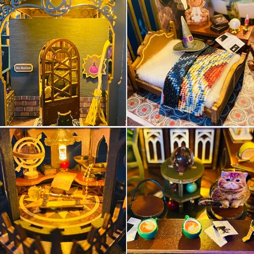 Plustopoy DIY Miniature House Kit: 3D Wooden Puzzle Miniature Kit with LED Lights, Small Tools & Music Box, Tiny House Diorama Building Kit for Adults Teens, Mini Wooden Dollhouse Creative Gift - style: Hhuoluo Magic Castle