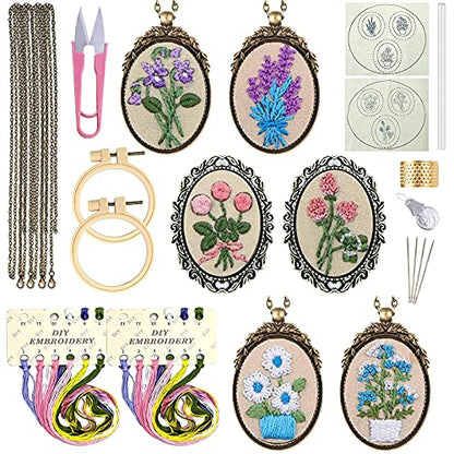 ZOCONE 6 Packs Embroidery Necklace Kits, Embroidery Pendant Kit Mini Cross Stitch Kit with Hoop, Necklace, Pendant, Brooch, Stamped Pattern Cloth, Instructions, etc. Embroidery Kits for Adults - color: 6 Packs-E