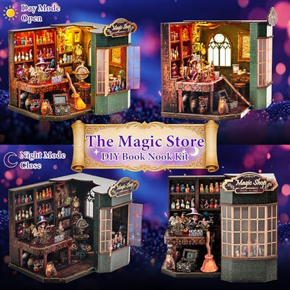 Book Nook Kit – DIY Miniature House Dollhouse for Adults & Teens, 3D Wooden Puzzle Tiny House Bookshelf Insert with LED Lights, Magic Booknook Library Decor Gift for Halloween & Christmas - style: Magic Shop