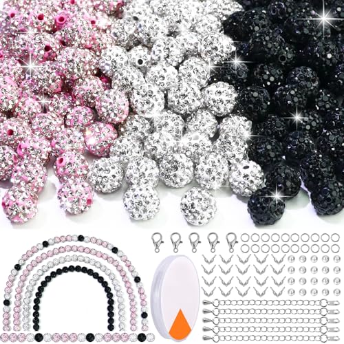 Dowarm 255PCS 10mm Rhinestone Beads for Baseball Rhinestone Necklace Bracelet Jewelry Making, Round Polymer Clay Beads for Crafts Beaded Pen, Shamballa Pave Disco Diamond Bead, Pink|White|Black - color: 10-Pink | White | Black